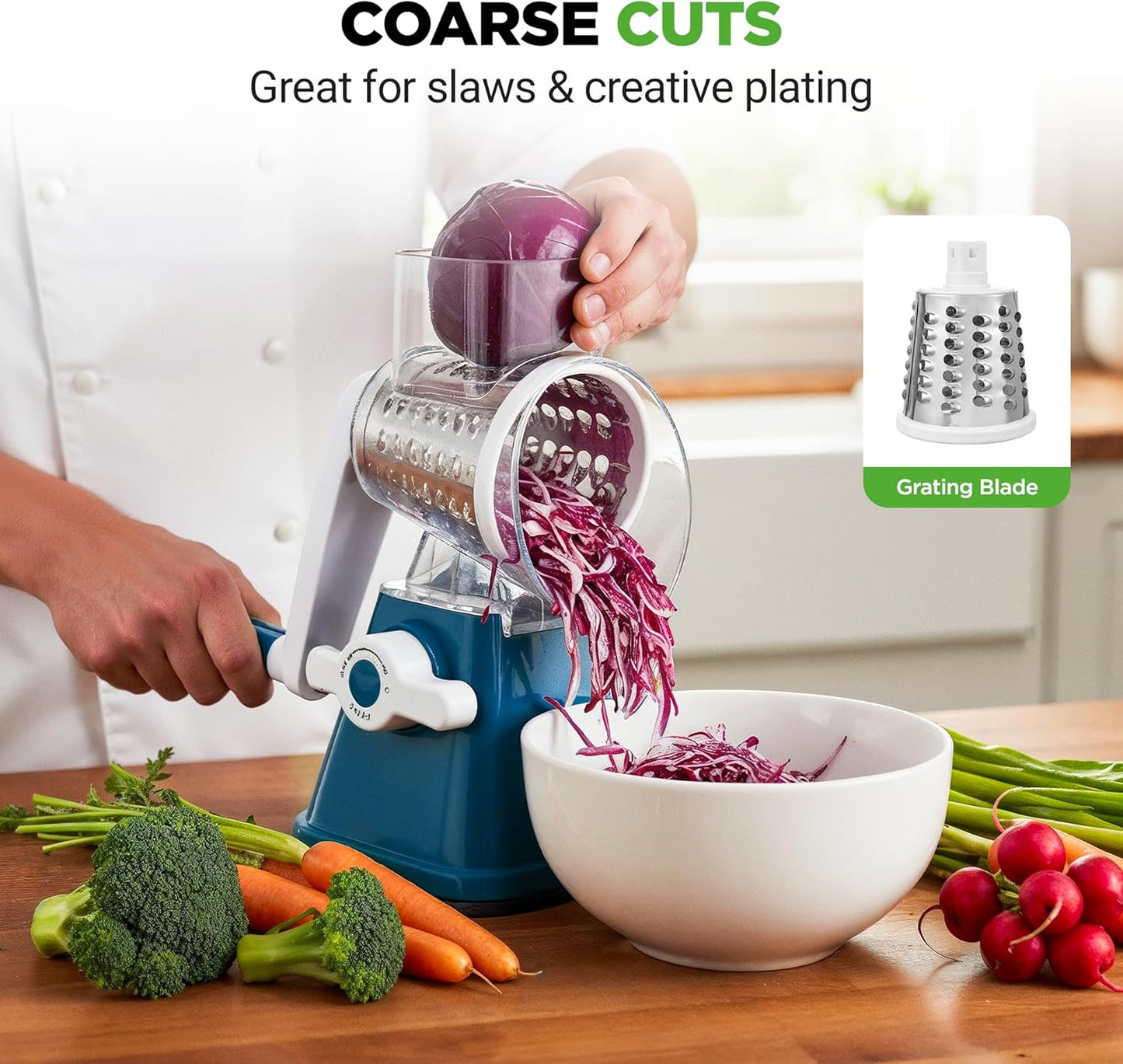 Nutrichef 3 in 1 Cheese Grater & Shredder | Strong Suction Base, Rotary Handle with Safety Lock | Includes Hand Crank & 3 Drum Blades for 3 Textures, Fine, Medium & Strips | Red