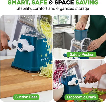 Nutrichef 3 in 1 Cheese Grater & Shredder | Strong Suction Base, Rotary Handle with Safety Lock | Includes Hand Crank & 3 Drum Blades for 3 Textures, Fine, Medium & Strips | Red