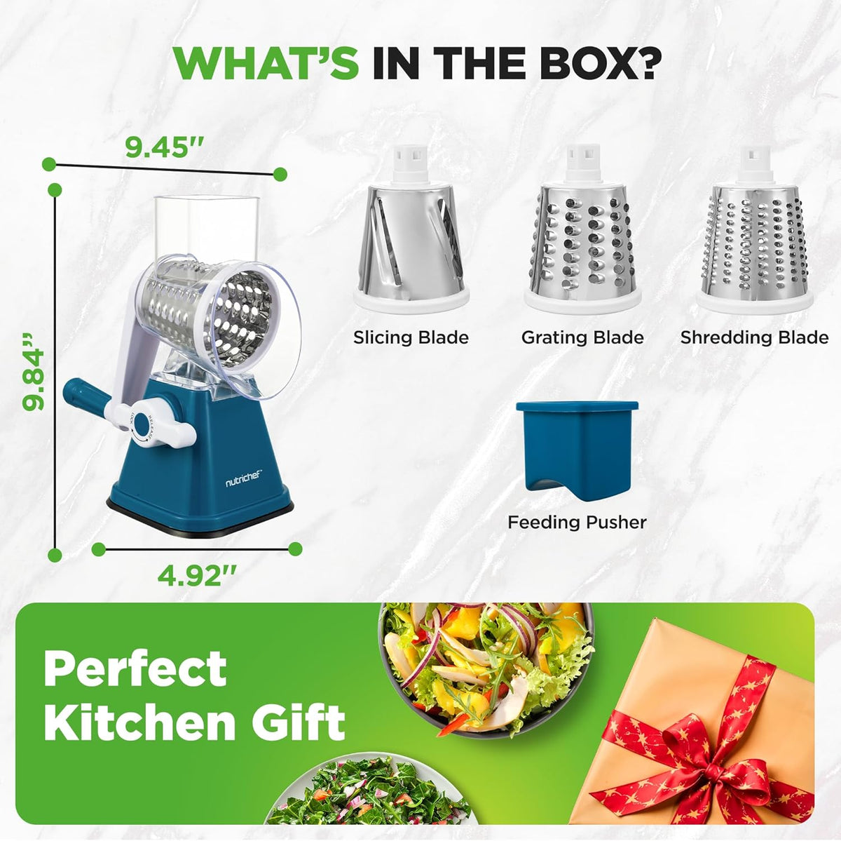 Nutrichef 3 in 1 Cheese Grater & Shredder | Strong Suction Base, Rotary Handle with Safety Lock | Includes Hand Crank & 3 Drum Blades for 3 Textures, Fine, Medium & Strips | Red