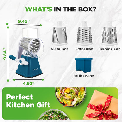 Nutrichef 3 in 1 Cheese Grater & Shredder | Strong Suction Base, Rotary Handle with Safety Lock | Includes Hand Crank & 3 Drum Blades for 3 Textures, Fine, Medium & Strips | Red