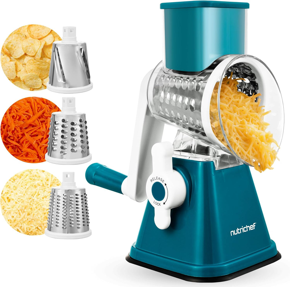 Nutrichef 3 in 1 Cheese Grater & Shredder | Strong Suction Base, Rotary Handle with Safety Lock | Includes Hand Crank & 3 Drum Blades for 3 Textures, Fine, Medium & Strips | Red