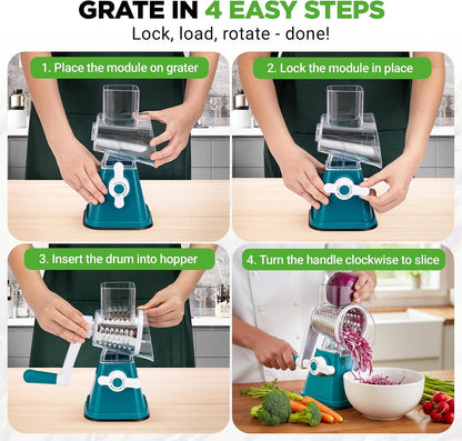 Nutrichef 3 in 1 Cheese Grater & Shredder | Strong Suction Base, Rotary Handle with Safety Lock | Includes Hand Crank & 3 Drum Blades for 3 Textures, Fine, Medium & Strips | Red