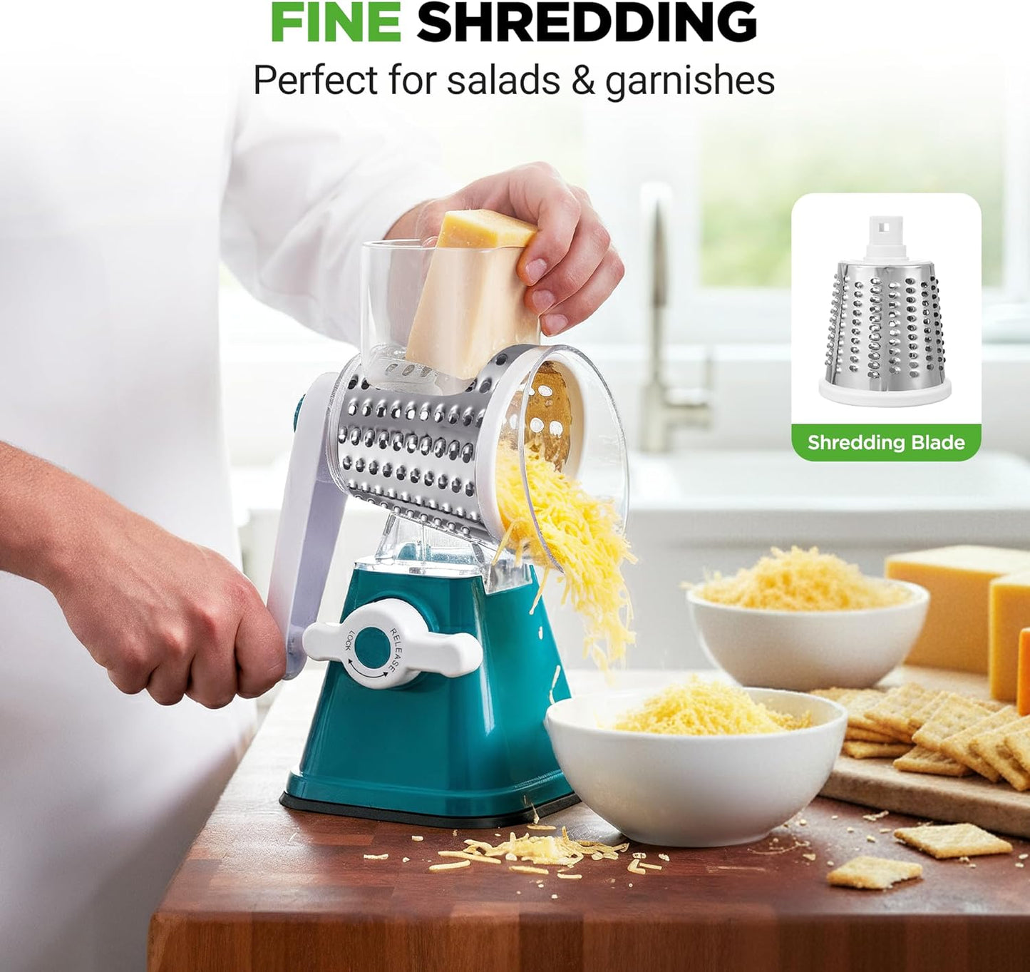 Nutrichef 3 in 1 Cheese Grater & Shredder | Strong Suction Base, Rotary Handle with Safety Lock | Includes Hand Crank & 3 Drum Blades for 3 Textures, Fine, Medium & Strips | Red