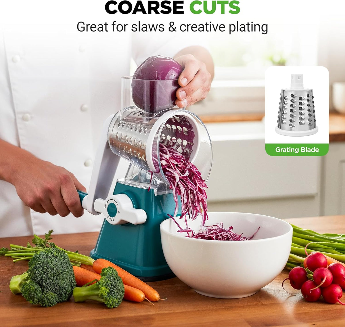 Nutrichef 3 in 1 Cheese Grater & Shredder | Strong Suction Base, Rotary Handle with Safety Lock | Includes Hand Crank & 3 Drum Blades for 3 Textures, Fine, Medium & Strips | Red