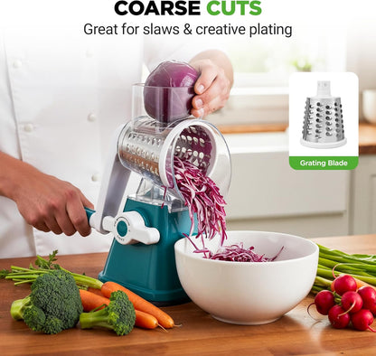 Nutrichef 3 in 1 Cheese Grater & Shredder | Strong Suction Base, Rotary Handle with Safety Lock | Includes Hand Crank & 3 Drum Blades for 3 Textures, Fine, Medium & Strips | Red