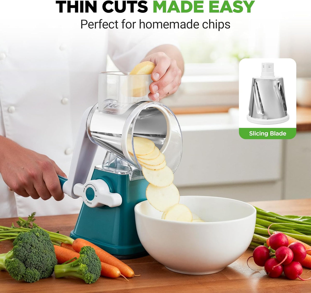 Nutrichef 3 in 1 Cheese Grater & Shredder | Strong Suction Base, Rotary Handle with Safety Lock | Includes Hand Crank & 3 Drum Blades for 3 Textures, Fine, Medium & Strips | Red