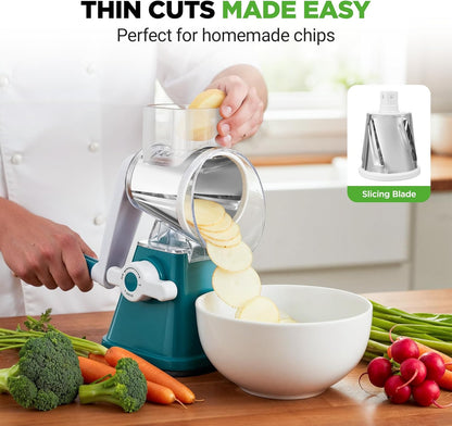 Nutrichef 3 in 1 Cheese Grater & Shredder | Strong Suction Base, Rotary Handle with Safety Lock | Includes Hand Crank & 3 Drum Blades for 3 Textures, Fine, Medium & Strips | Red