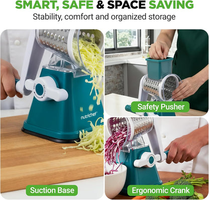 Nutrichef 3 in 1 Cheese Grater & Shredder | Strong Suction Base, Rotary Handle with Safety Lock | Includes Hand Crank & 3 Drum Blades for 3 Textures, Fine, Medium & Strips | Red