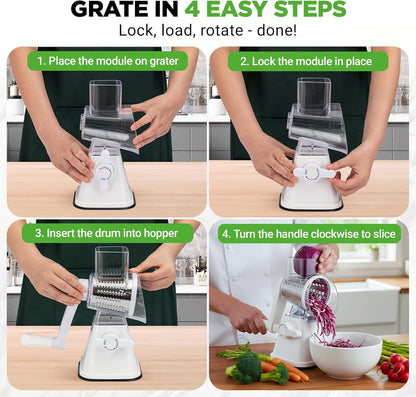 Nutrichef 3 in 1 Cheese Grater & Shredder | Strong Suction Base, Rotary Handle with Safety Lock | Includes Hand Crank & 3 Drum Blades for 3 Textures, Fine, Medium & Strips | Red