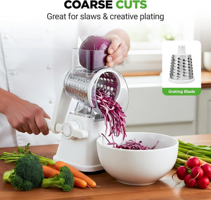 Nutrichef 3 in 1 Cheese Grater & Shredder | Strong Suction Base, Rotary Handle with Safety Lock | Includes Hand Crank & 3 Drum Blades for 3 Textures, Fine, Medium & Strips | Red
