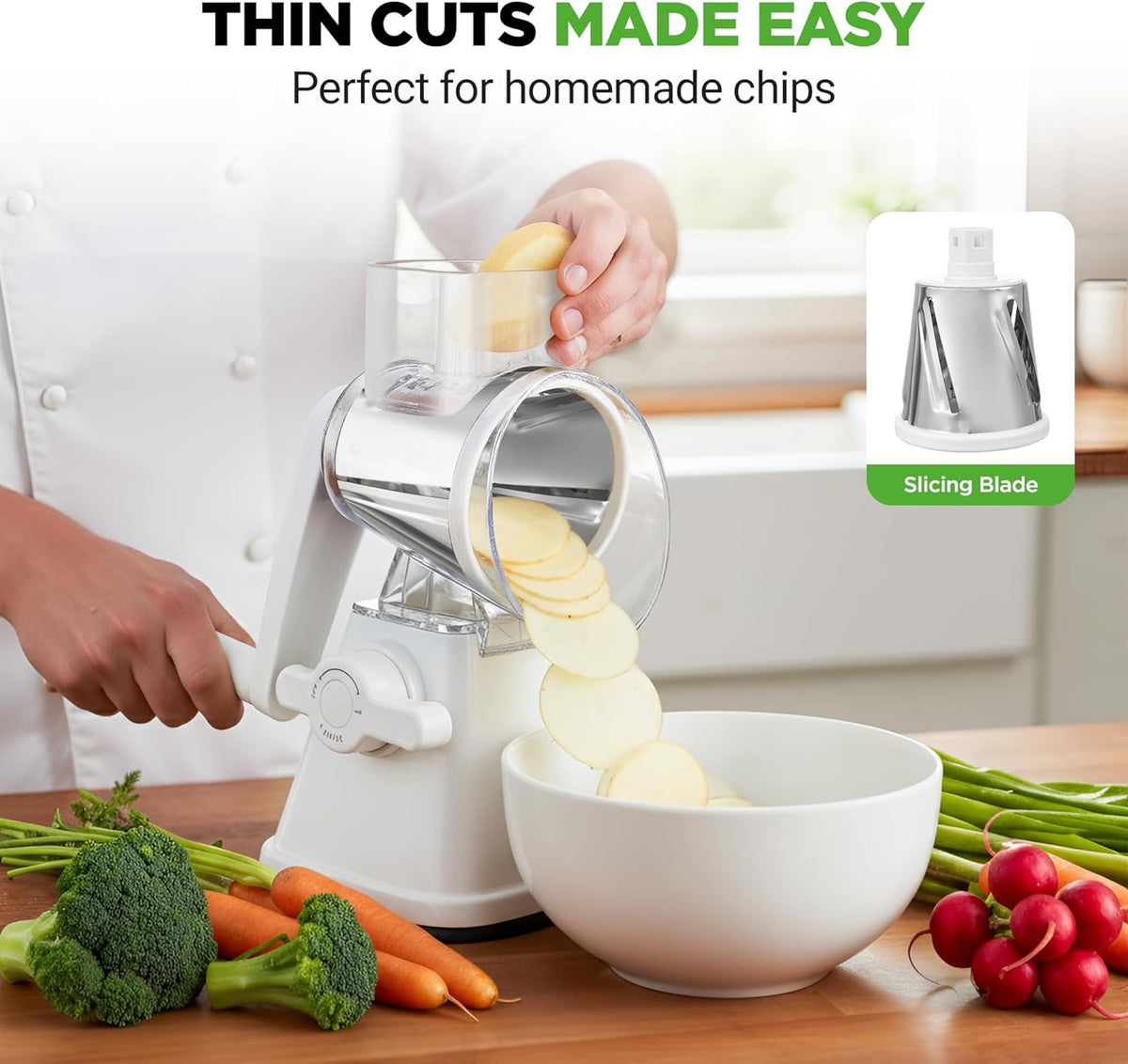 Nutrichef 3 in 1 Cheese Grater & Shredder | Strong Suction Base, Rotary Handle with Safety Lock | Includes Hand Crank & 3 Drum Blades for 3 Textures, Fine, Medium & Strips | Red
