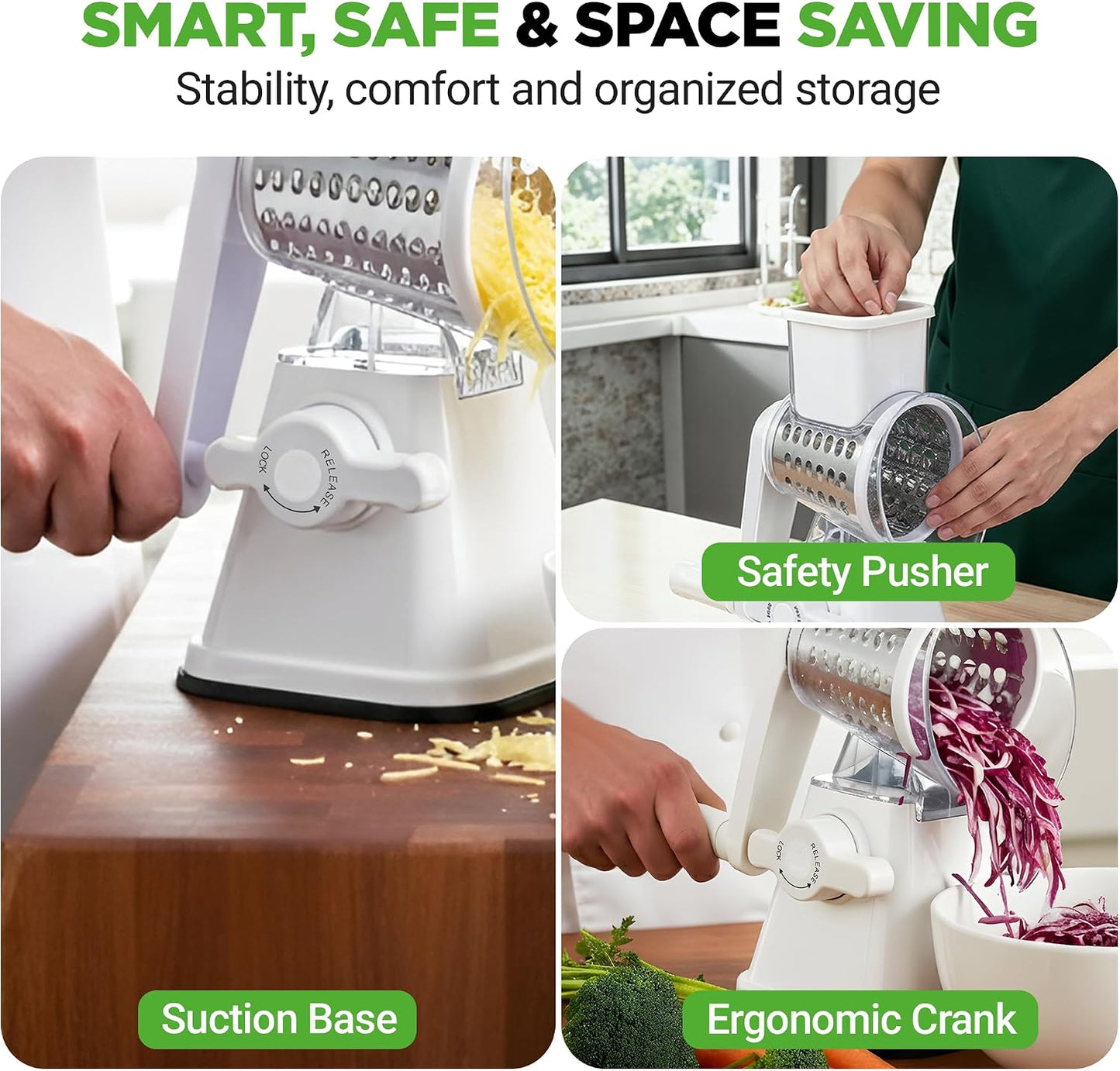 Nutrichef 3 in 1 Cheese Grater & Shredder | Strong Suction Base, Rotary Handle with Safety Lock | Includes Hand Crank & 3 Drum Blades for 3 Textures, Fine, Medium & Strips | Red