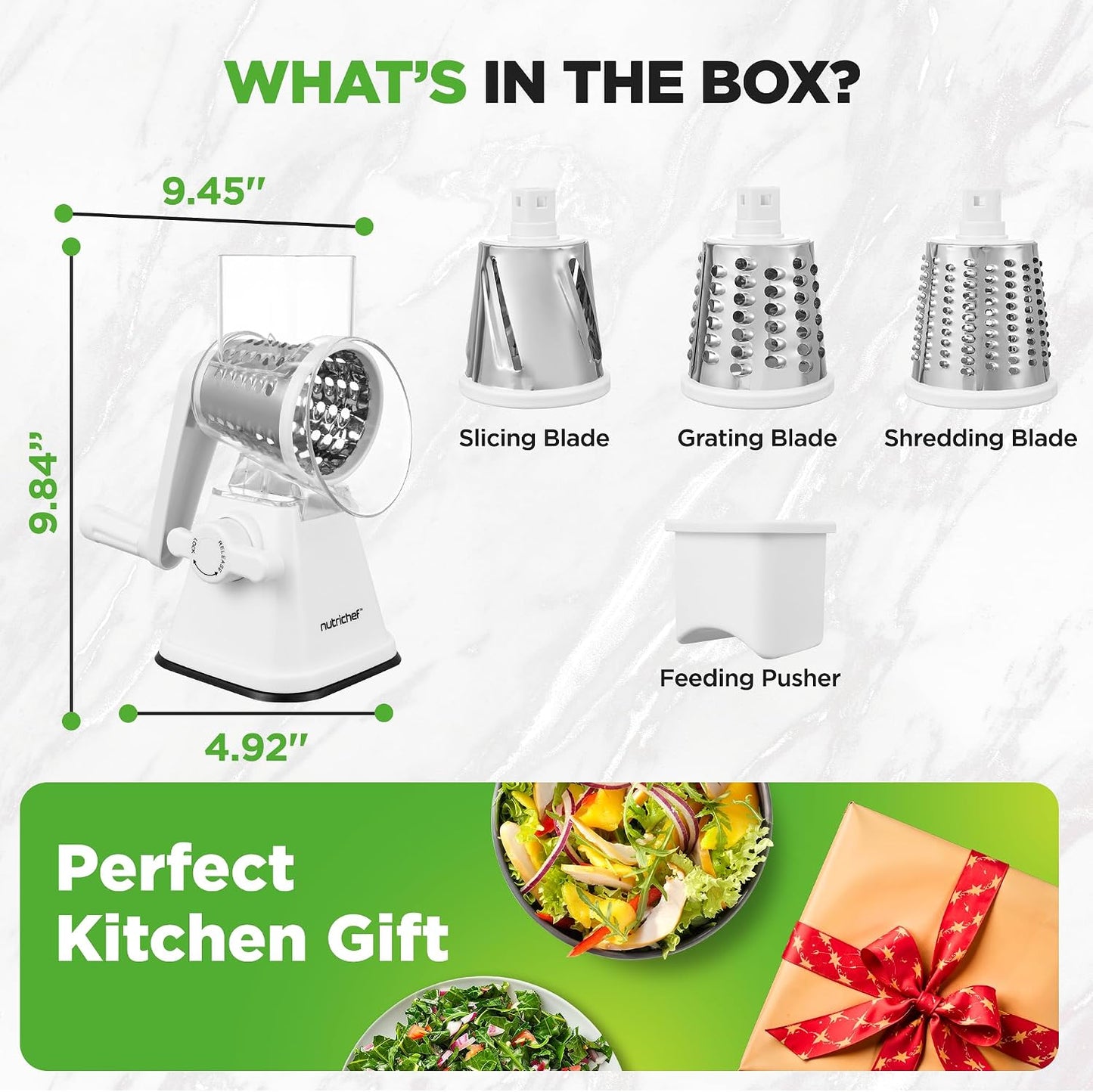 Nutrichef 3 in 1 Cheese Grater & Shredder | Strong Suction Base, Rotary Handle with Safety Lock | Includes Hand Crank & 3 Drum Blades for 3 Textures, Fine, Medium & Strips | Red