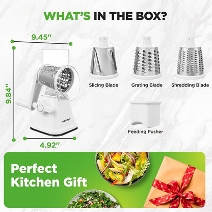 Nutrichef 3 in 1 Cheese Grater & Shredder | Strong Suction Base, Rotary Handle with Safety Lock | Includes Hand Crank & 3 Drum Blades for 3 Textures, Fine, Medium & Strips | Red