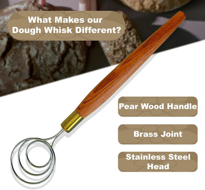 Danish Dough Whisk for Sourdough - 14” Stainless Steel Dough Mixer, Premium Wood Handle - Dutch Whisk for Bread, Bread Making Tools