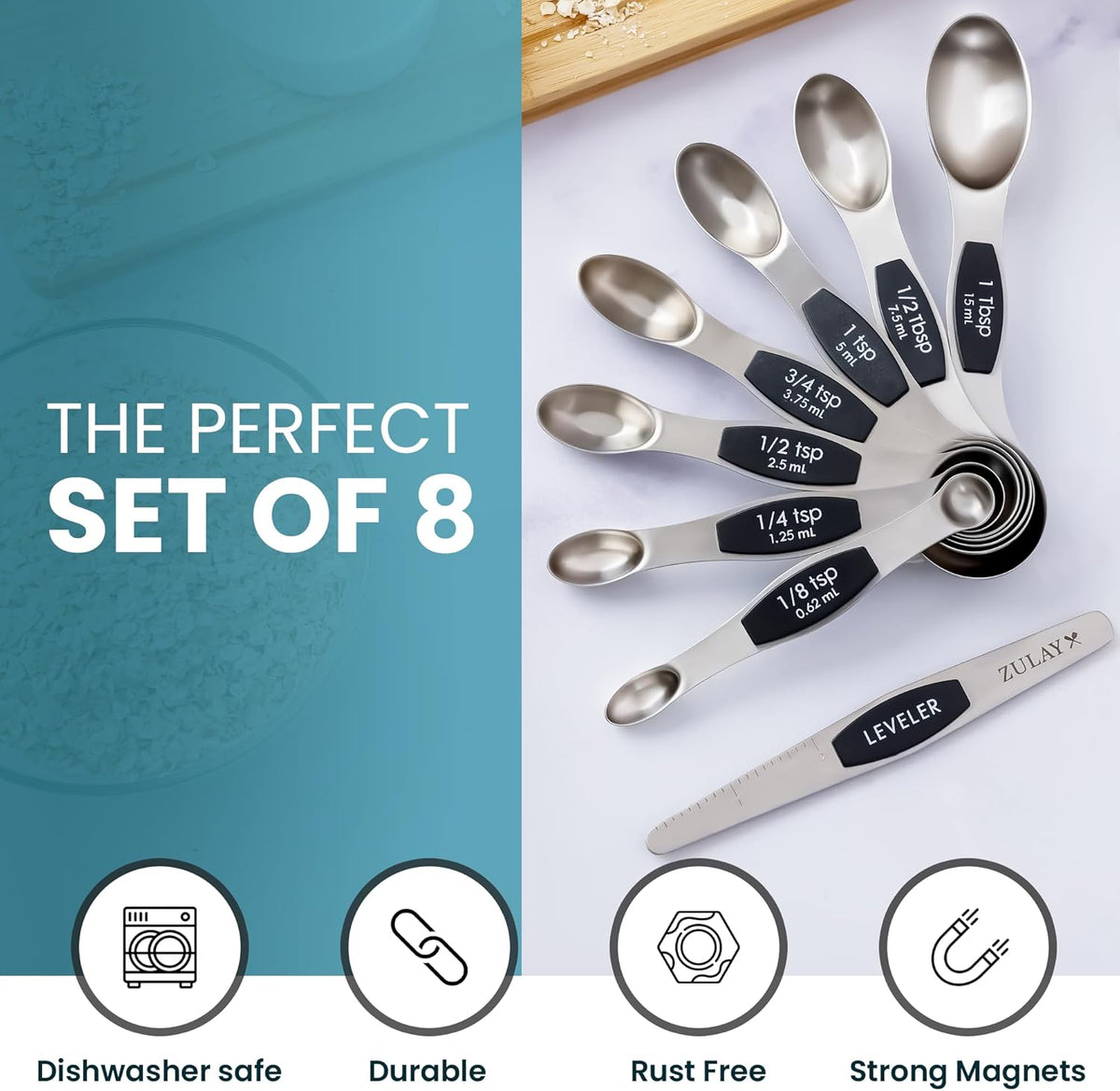 Zulay Stainless Steel Measuring Spoon Set - Stackable Magnetic Spoon Measuring Set - Magnetic Measuring Spoon Set of 8 with Leveler - Made with Strong N45 Magnets & 304 Stainless Steel - Black