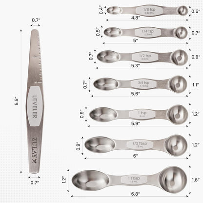 Zulay Stainless Steel Measuring Spoon Set - Stackable Magnetic Spoon Measuring Set - Magnetic Measuring Spoon Set of 8 with Leveler - Made with Strong N45 Magnets & 304 Stainless Steel - Black