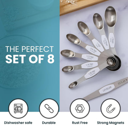 Zulay Stainless Steel Measuring Spoon Set - Stackable Magnetic Spoon Measuring Set - Magnetic Measuring Spoon Set of 8 with Leveler - Made with Strong N45 Magnets & 304 Stainless Steel - Black