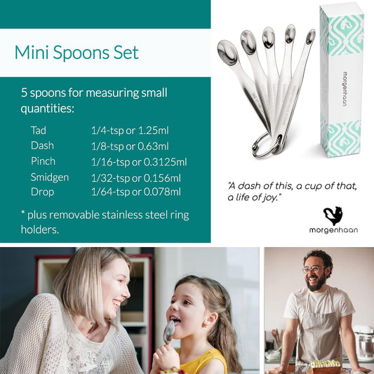 Stainless Steel Mini Measuring Spoons Set - Heavy Duty, 5-Piece Set - For Powders, Supplements, Herbs, Spices, Extracts - Dishwasher-safe - Professional Metal Kitchen Utensils