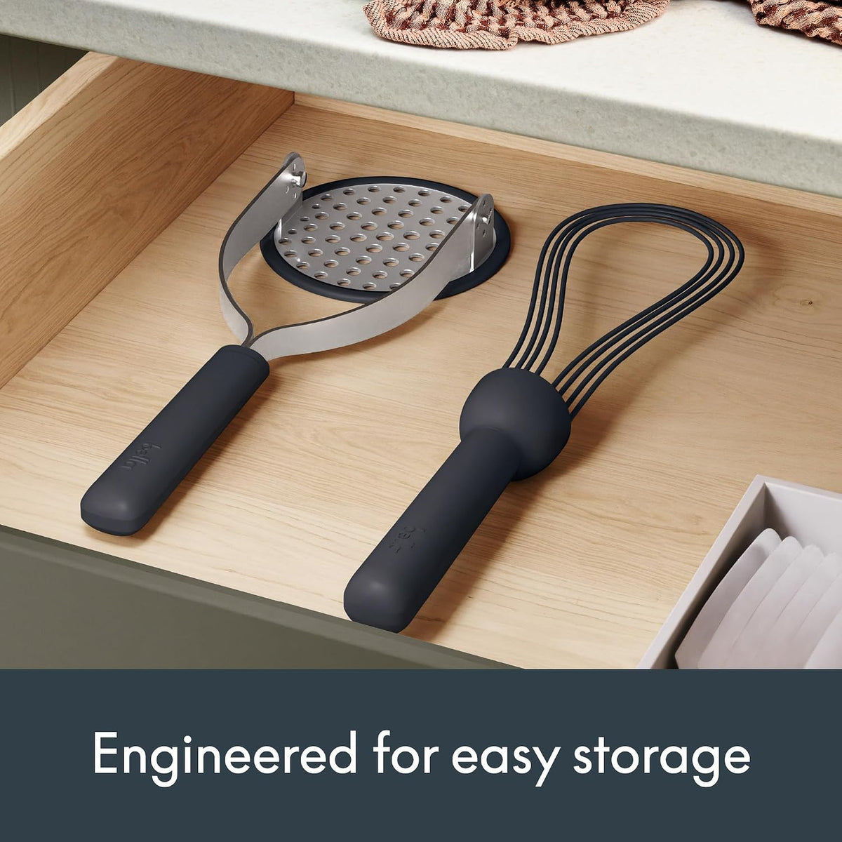 2 Piece Fold Flat, Non-toxic Nonslip Masher and Whisk, Oatmilk