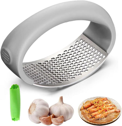 Garlic Press Rocker, 2026 New Portable Manual Stainless Steel Garlic Press Rocker Crusher Masher with Garlic Peeling Drum for Home Kitchen Utensils (Gray)