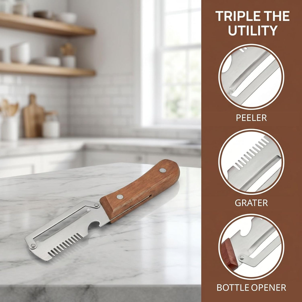 2PCS Multifunctional Vegetable Peeler, 3 in 1 Multi Functional Wooden Handle Peeler, Grater and Bottle Opener, Kitchen Gadgets for Potato, Carrot, Pumpkin, Apple