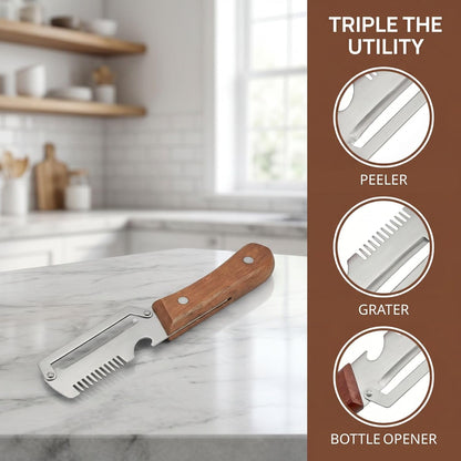2PCS Multifunctional Vegetable Peeler, 3 in 1 Multi Functional Wooden Handle Peeler, Grater and Bottle Opener, Kitchen Gadgets for Potato, Carrot, Pumpkin, Apple