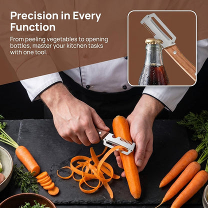 2PCS Multifunctional Vegetable Peeler, 3 in 1 Multi Functional Wooden Handle Peeler, Grater and Bottle Opener, Kitchen Gadgets for Potato, Carrot, Pumpkin, Apple