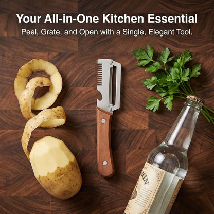 2PCS Multifunctional Vegetable Peeler, 3 in 1 Multi Functional Wooden Handle Peeler, Grater and Bottle Opener, Kitchen Gadgets for Potato, Carrot, Pumpkin, Apple