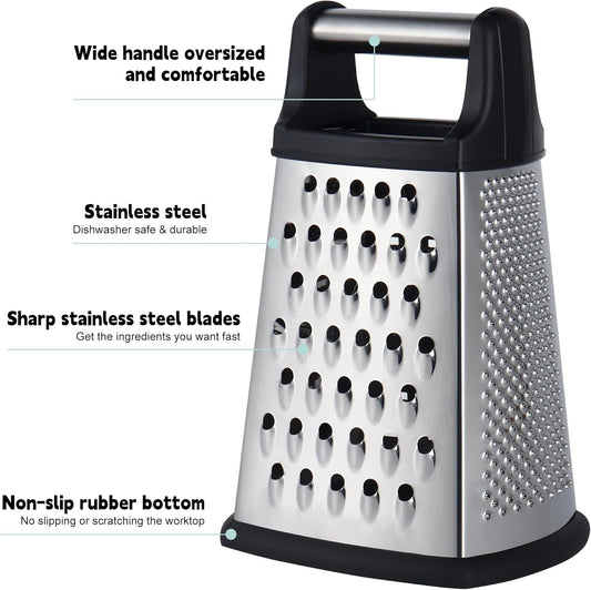 Professional Cheese Grater, 4-Sided Stainless Steel Box Grater, Food Shredder for Cheese, Parmesan, Vegetable, Black