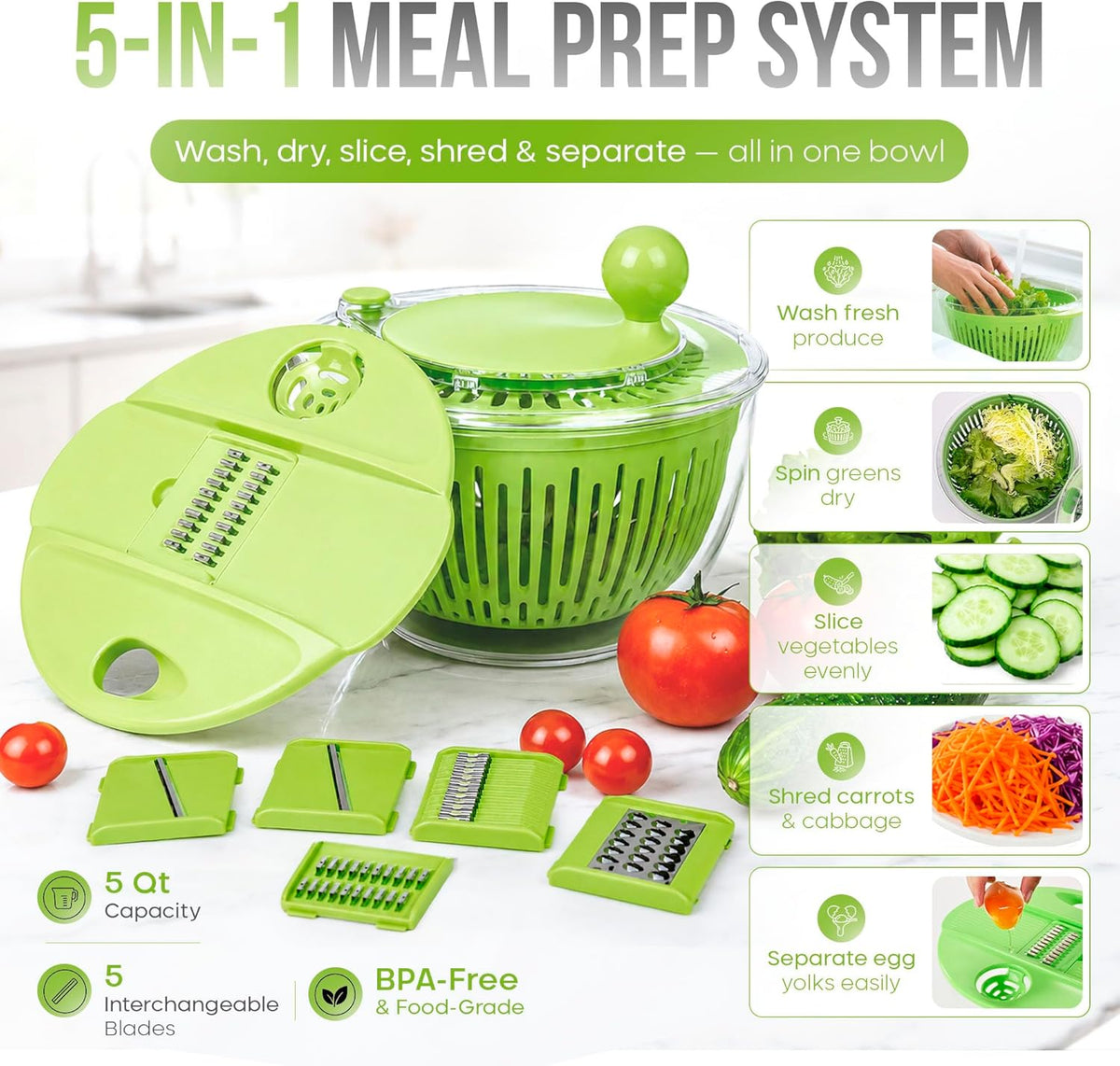 Salad Spinner Large 5 Qt, 5-in-1 Lettuce Spinner with 5 Blade Slicer