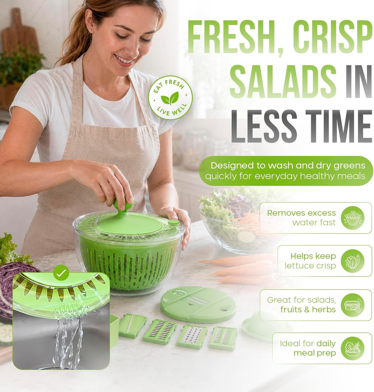 Salad Spinner Large 5 Qt, 5-in-1 Lettuce Spinner with 5 Blade Slicer