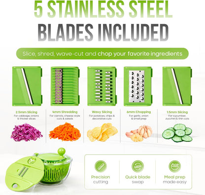 Salad Spinner Large 5 Qt, 5-in-1 Lettuce Spinner with 5 Blade Slicer