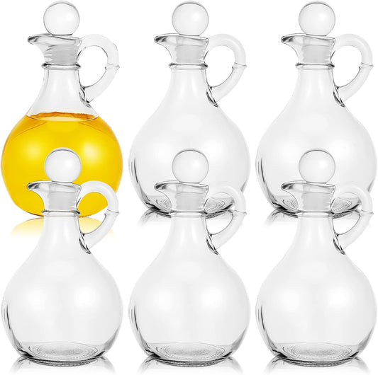 6 Sets 12oz Glass Oil and Vinegar Cruet Set Round Oil Dispenser Olive Bottle with Airtight Stopper Salad Dressing Bottle Glass Condiment Container for Kitchen Homemade Olive Condiment (Clear)