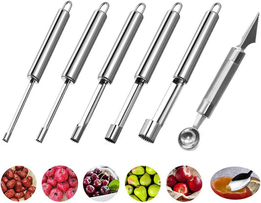 5 Size Multi-Function Fruit Corer and Pitter Set, Stainless Steel Apple Pear Cherry Remover, Includes 5 Corers and 1 Melon Ball Scoop