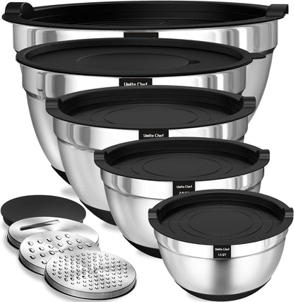 Mixing Bowls with Airtight Lids Set, 8PCS Stainless Steel Nesting Bowls Set, 3 Grater Attachments & Non-Slip Bottoms, Size 5, 4, 3.5, 2, 1.5QT for Baking & Mixing(Black)