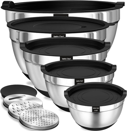 Mixing Bowls with Airtight Lids Set, 8PCS Stainless Steel Nesting Bowls Set, 3 Grater Attachments & Non-Slip Bottoms, Size 5, 4, 3.5, 2, 1.5QT for Baking & Mixing(Black)
