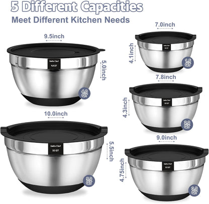 Mixing Bowls with Airtight Lids Set, 8PCS Stainless Steel Nesting Bowls Set, 3 Grater Attachments & Non-Slip Bottoms, Size 5, 4, 3.5, 2, 1.5QT for Baking & Mixing(Black)