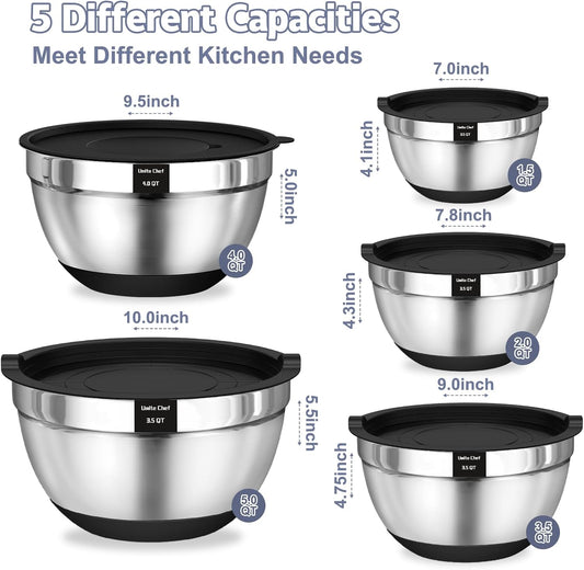 Mixing Bowls with Airtight Lids Set, 8PCS Stainless Steel Nesting Bowls Set, 3 Grater Attachments & Non-Slip Bottoms, Size 5, 4, 3.5, 2, 1.5QT for Baking & Mixing(Black)