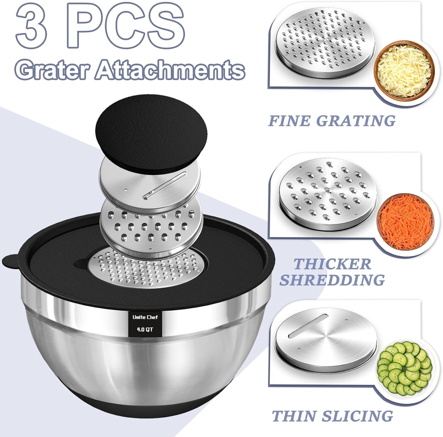 Mixing Bowls with Airtight Lids Set, 8PCS Stainless Steel Nesting Bowls Set, 3 Grater Attachments & Non-Slip Bottoms, Size 5, 4, 3.5, 2, 1.5QT for Baking & Mixing(Black)