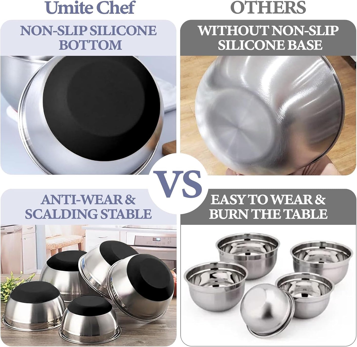 Mixing Bowls with Airtight Lids Set, 8PCS Stainless Steel Nesting Bowls Set, 3 Grater Attachments & Non-Slip Bottoms, Size 5, 4, 3.5, 2, 1.5QT for Baking & Mixing(Black)