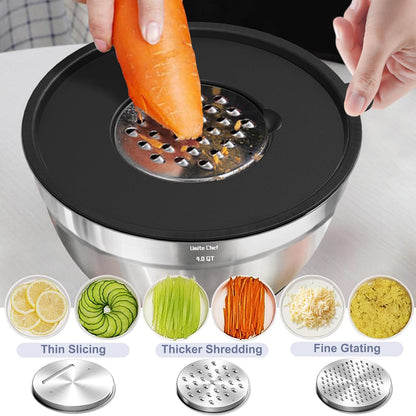 Mixing Bowls with Airtight Lids Set, 8PCS Stainless Steel Nesting Bowls Set, 3 Grater Attachments & Non-Slip Bottoms, Size 5, 4, 3.5, 2, 1.5QT for Baking & Mixing(Black)