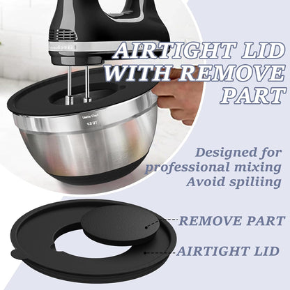 Mixing Bowls with Airtight Lids Set, 8PCS Stainless Steel Nesting Bowls Set, 3 Grater Attachments & Non-Slip Bottoms, Size 5, 4, 3.5, 2, 1.5QT for Baking & Mixing(Black)