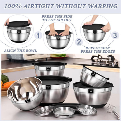 Mixing Bowls with Airtight Lids Set, 8PCS Stainless Steel Nesting Bowls Set, 3 Grater Attachments & Non-Slip Bottoms, Size 5, 4, 3.5, 2, 1.5QT for Baking & Mixing(Black)