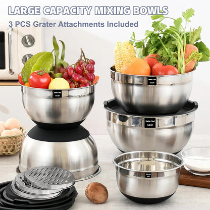Mixing Bowls with Airtight Lids Set, 8PCS Stainless Steel Nesting Bowls Set, 3 Grater Attachments & Non-Slip Bottoms, Size 5, 4, 3.5, 2, 1.5QT for Baking & Mixing(Black)