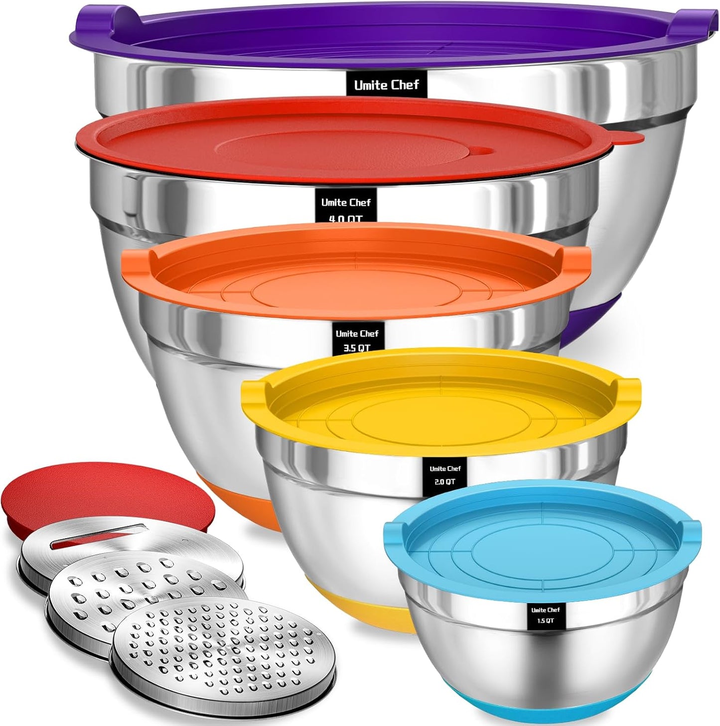 Mixing Bowls with Airtight Lids Set, 8PCS Stainless Steel Nesting Bowls Set, 3 Grater Attachments & Non-Slip Bottoms, Size 5, 4, 3.5, 2, 1.5QT for Baking & Mixing(Black)