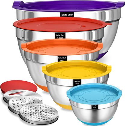 Mixing Bowls with Airtight Lids Set, 8PCS Stainless Steel Nesting Bowls Set, 3 Grater Attachments & Non-Slip Bottoms, Size 5, 4, 3.5, 2, 1.5QT for Baking & Mixing(Black)
