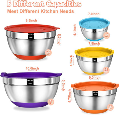 Mixing Bowls with Airtight Lids Set, 8PCS Stainless Steel Nesting Bowls Set, 3 Grater Attachments & Non-Slip Bottoms, Size 5, 4, 3.5, 2, 1.5QT for Baking & Mixing(Black)