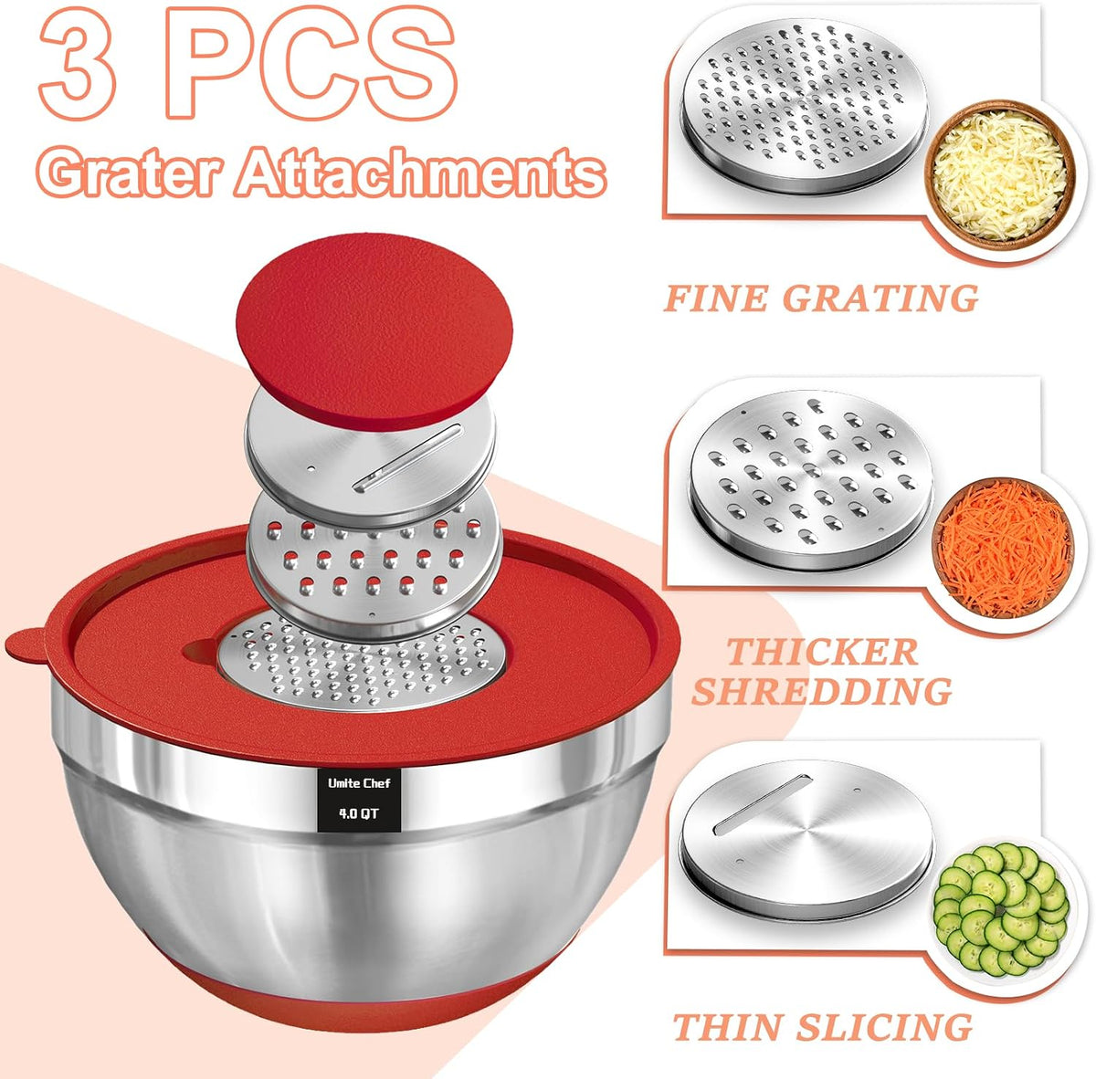Mixing Bowls with Airtight Lids Set, 8PCS Stainless Steel Nesting Bowls Set, 3 Grater Attachments & Non-Slip Bottoms, Size 5, 4, 3.5, 2, 1.5QT for Baking & Mixing(Black)