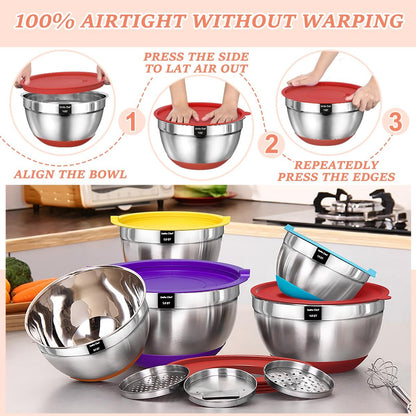 Mixing Bowls with Airtight Lids Set, 8PCS Stainless Steel Nesting Bowls Set, 3 Grater Attachments & Non-Slip Bottoms, Size 5, 4, 3.5, 2, 1.5QT for Baking & Mixing(Black)